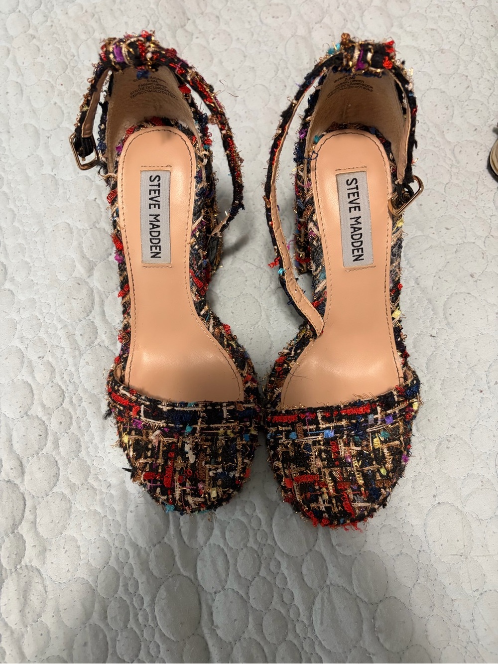 Steve Madden Multicolor Tweed Closed-Toe Ankle-Strap Heels